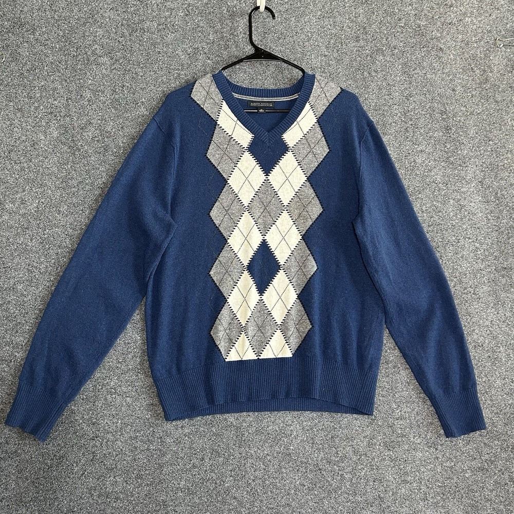 Banana Republic Wool/Cashmere Blend Argyle Sweater - Medium - Blue V-Neck Soft ✨